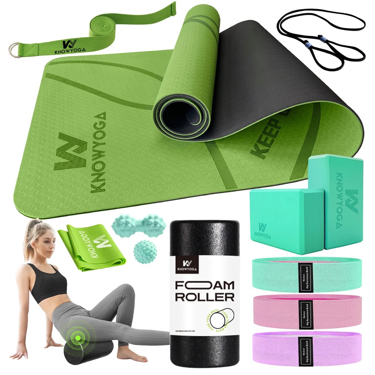 Yoga Starter Kit 12 in 1 - Yoga Set Include Yoga Mat and Blocks Ser for Women & Men, Yoga Kit and Sets for Beginners, Foam Roller, 4 Resistance Bands with Strap, 2 Peanut Massage Balls Set