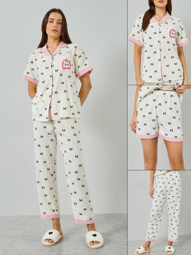 Pack of 3 - Cat Bow Print Shirt, Short and Pyjama Set