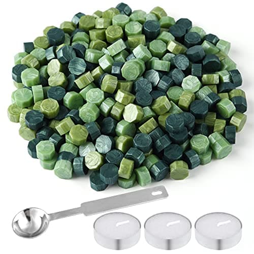 FEPITO 300 Pcs Octagon Sealing Wax Beads with 3 Pcs Tea Candles and 1 Pcs Wax Melting Spoon for Wax Stamp Sealing (Green Mix)
