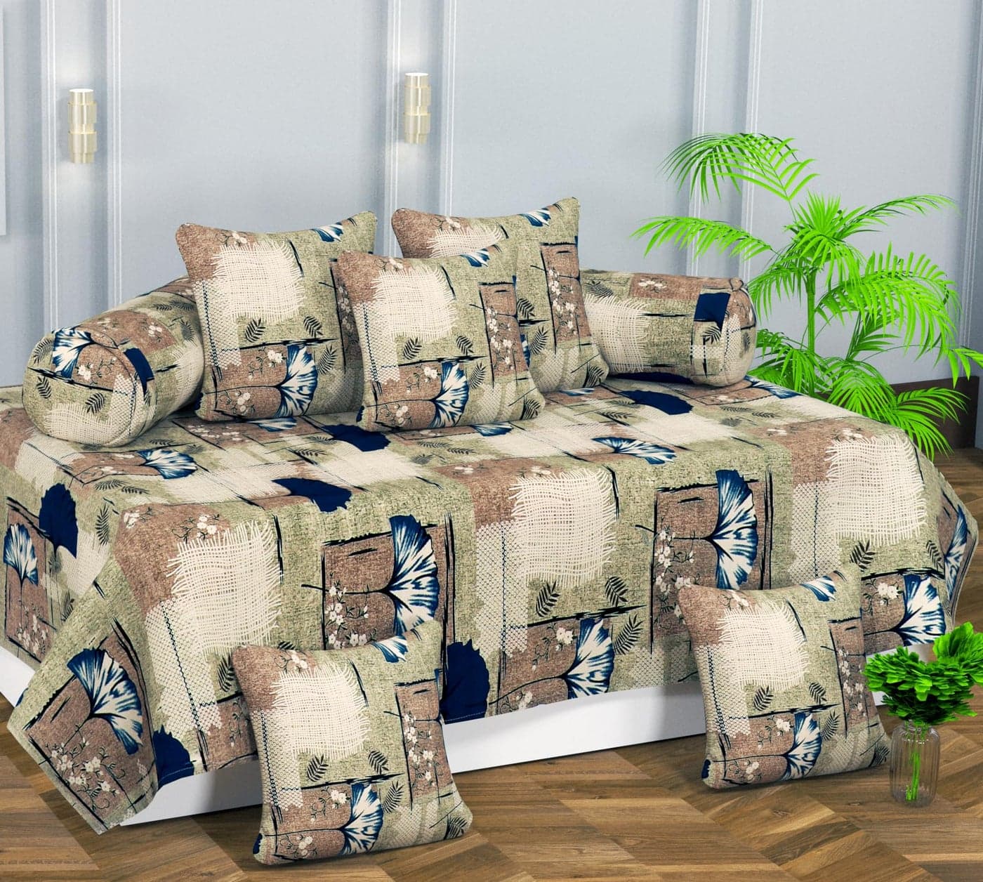 RD TREND® Printed Cotton Diwan Set Pillows 5 with Bolster 2, Bedsheet (152x228 cm), 2 Bolster Covers (40x78 cm), 5 Cushion Covers (40x40 cm). (Beige-Brown)