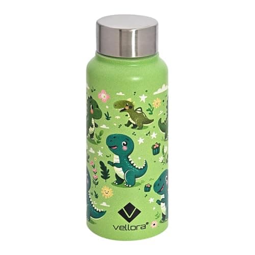 VELLORA Dinosaur Animated Stainless Steel Water Bottle for Kids,School Water Bottle for Kids,Picnic Water Bottle,Sipper Bottle,Leak-Proof Bottle for Kid Travel Girls 500 ml (Green)