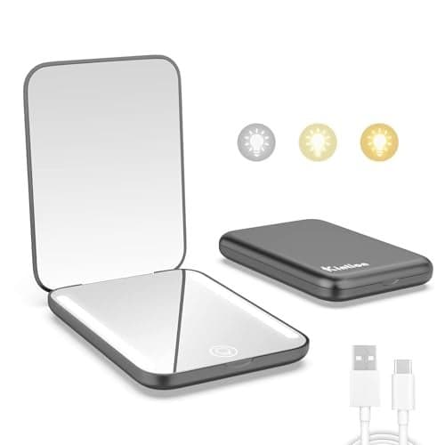 Kintion Rechargeable Pocket Mirror, Double Sided 1X/3X Magnification Compact Vanity Mirror, 3 Color Lights, Dimmable, Small Portable Wallet Mirror, Lighted Travel Mirror for Women Gifts, Black