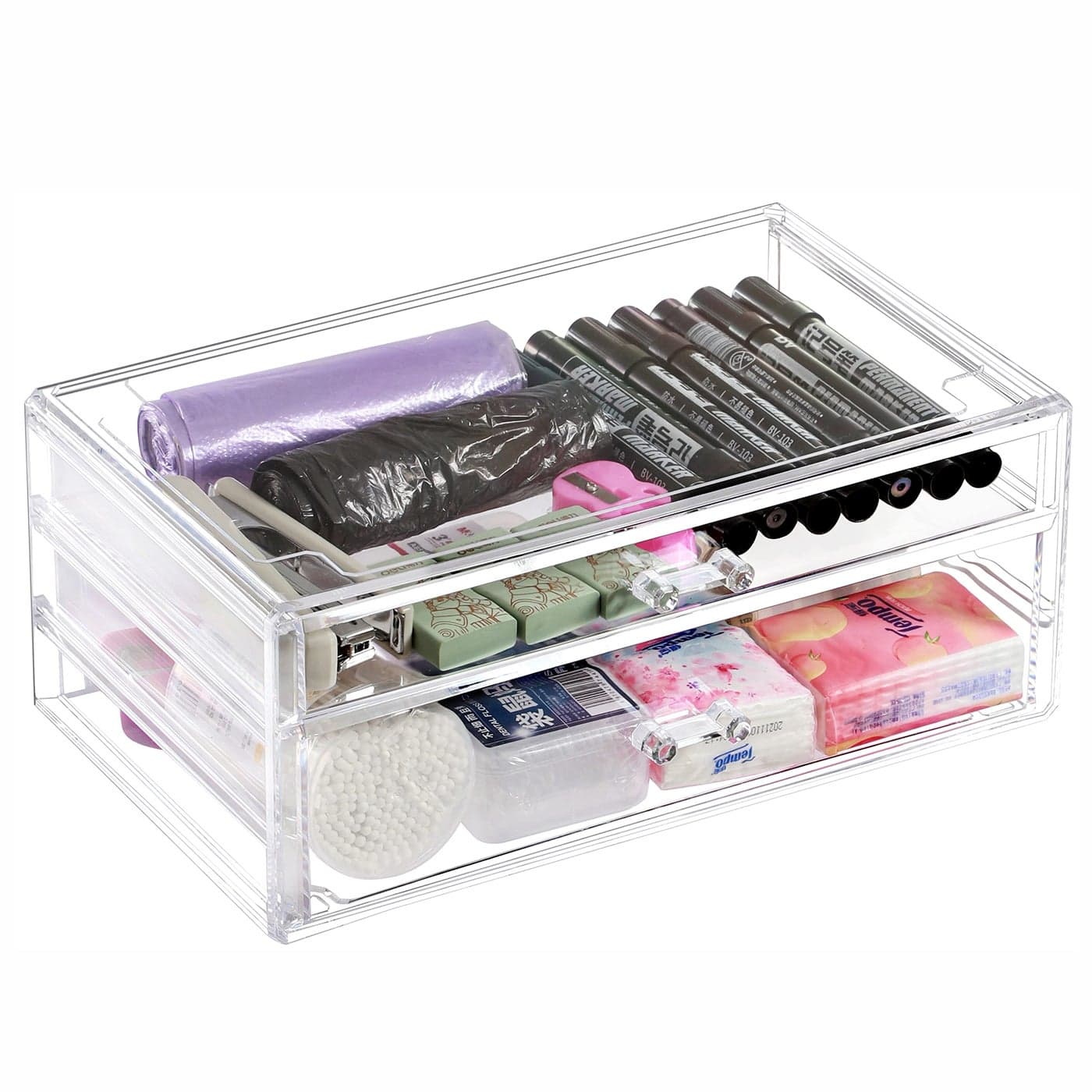 Cq Acrylic Clear Desk Organizer With 2 Drawers Skincare Makeup Organizer for Vanity Hair Clip Jewelry