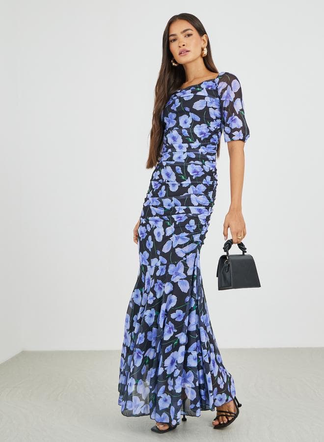 All-Over Floral Print Ruched A-Line Maxi Dress — L