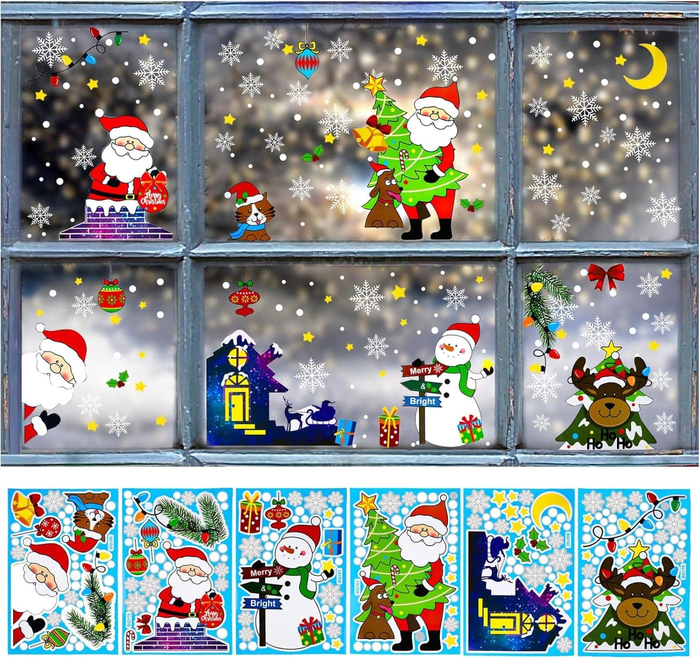 6 Sheet Christmas Snowflake Window Cling Stickers for Glass HNYYZL Christmas DecorationsSanta Claus a Lovely Deer Snowman Small Gifts Including Scraper and Instruction Manual