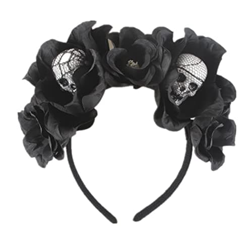 JEAIRTS Halloween Rose Veil Headband Skull Hair Band Black Flower Crown Day of The Dead Headpiece Gothic Costume Accessories 1Skull Headband