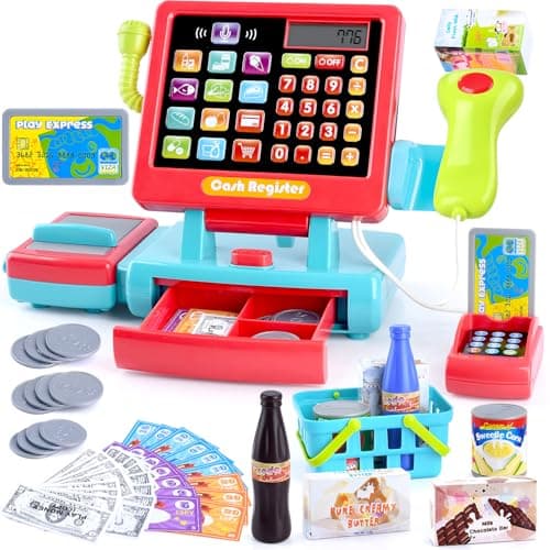 PLAY Kids Cash Register Toy Supermarket with Register Pretend Play Calculator Register Toys with ScannerMicrophoneCredit CardConveyorsCansDrinkPlay Money Cash Register for Kids Ages 3
