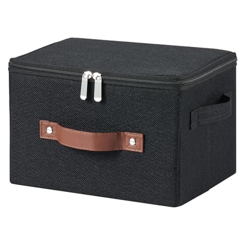 VinneGenzz Storage Bins with Zipper Lid Cotton Linen Fabric Lidded Storage Baskets Boxes Foldable Washable Closet Shelf Clothes Organizer Container with PU Leather Handles Black Small Size