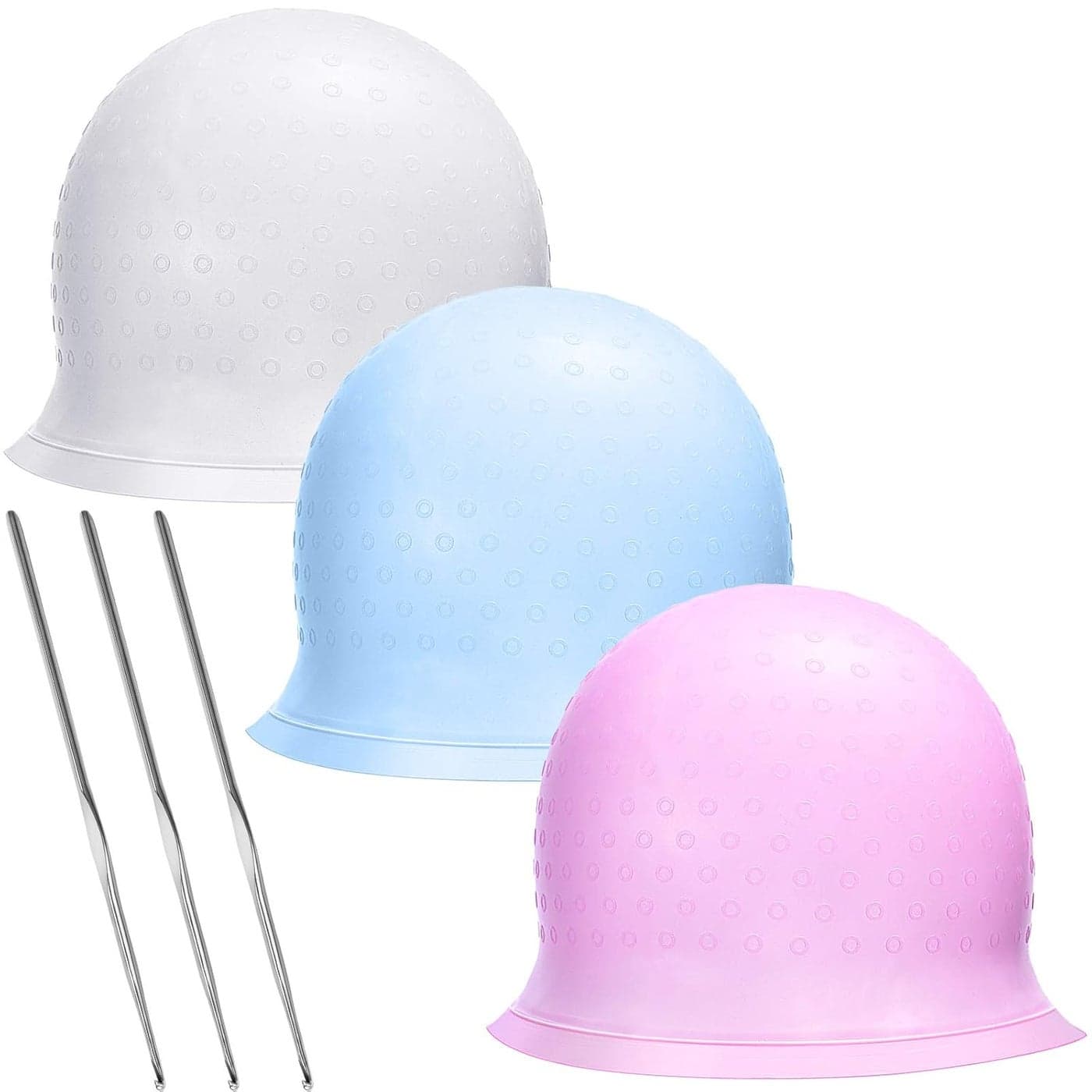 3 Pieces Reusable Silicone Hair Staining Cap Multicolor Hair Coloring Dye Cap with Metal Hook Silicone Hair Coloring Cap for Home Salon Hairdressing Tools Blue White Purple