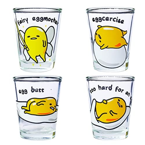 Silver Buffalo Sanrio Hello Kitty and Friends Gudetama Lazy Egg Poses 4 Pack Mini Glass Set 15 Ounces