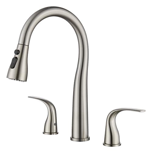 TIORIY 3 Hole Kitchen Faucet with Pull Down Sprayer, Brushed Nickel, Double Handle High Arc Faucet for Kitchen Sink with 3 Mode Spray, Stainless Steel, T-3005BN