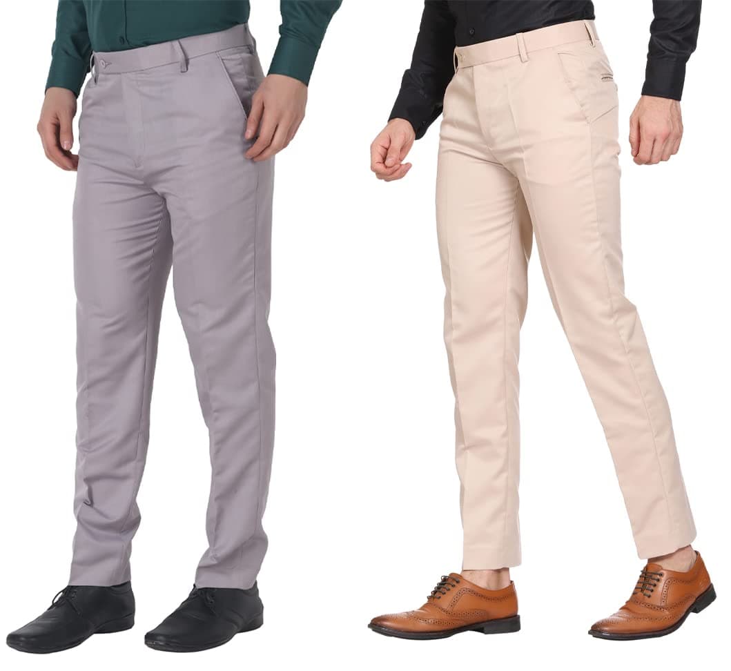 MALENO Men Formal Trouser Light Grey & Cream (Pack of 2) (ML101_CMBO_LTGRY_Cream_34)