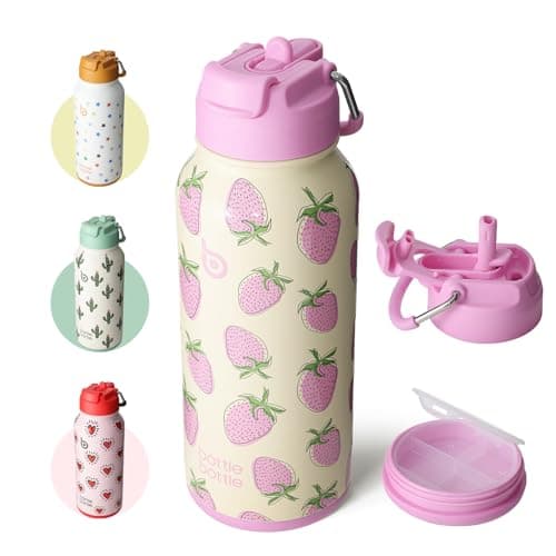 BOTTLE BOTTLE 32oz Insulated Water Bottle Stainless Steel Sport Water Bottle with Straw Dual-use Lid Design for Gym with Pill Box (Sweet Berry)