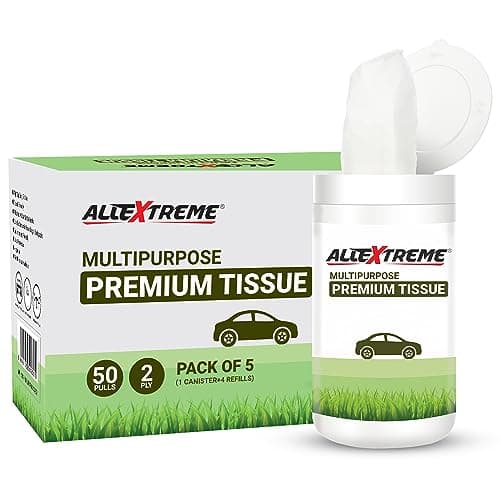 AllExtreme Car Tissues Pack of 5 (50 Pulls, 2 Ply–250 Pulls) Multipurpose Tissue Cup Holder Box Portable Napkin Case- Perfect for Travel & Daily Use (1 Canister of 50 pulls + 4 Refills)