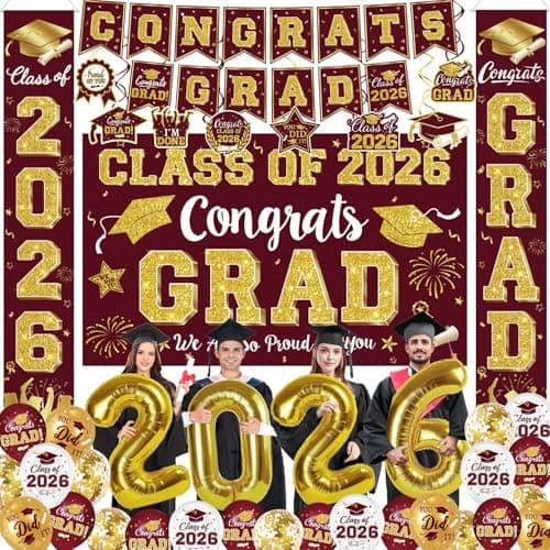 Graduation Decorations Class of 2026 Maroon and Gold Graduation Party Supplies Include Backdrop Banner Hanging Swirls Porch Sign Balloons for Congrats Grad Decorations