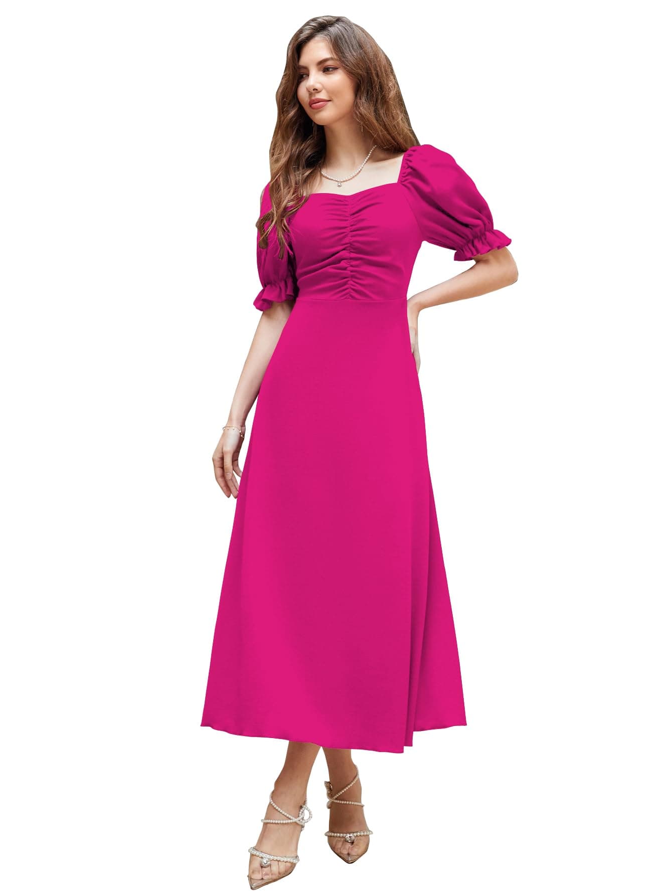 Shasmi Girl's & Women's Solid Hot Pink A-Line Ruched Puff Sleeve Maxi Long Evening One Piece Long Dress for Women Stylish (Dress 131 Hot Pink-M)