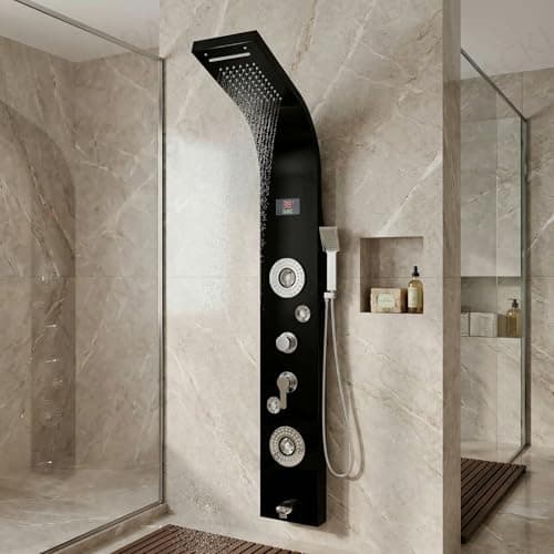 Backline Stainless Steel 304 Grade Shower Panel For Bathroom 6 in 1 Shower With LED Rainfall Shower Panel | Body Massage | Overhead Shower | Body Jet | Hand Shower (Black Mirror Finish)