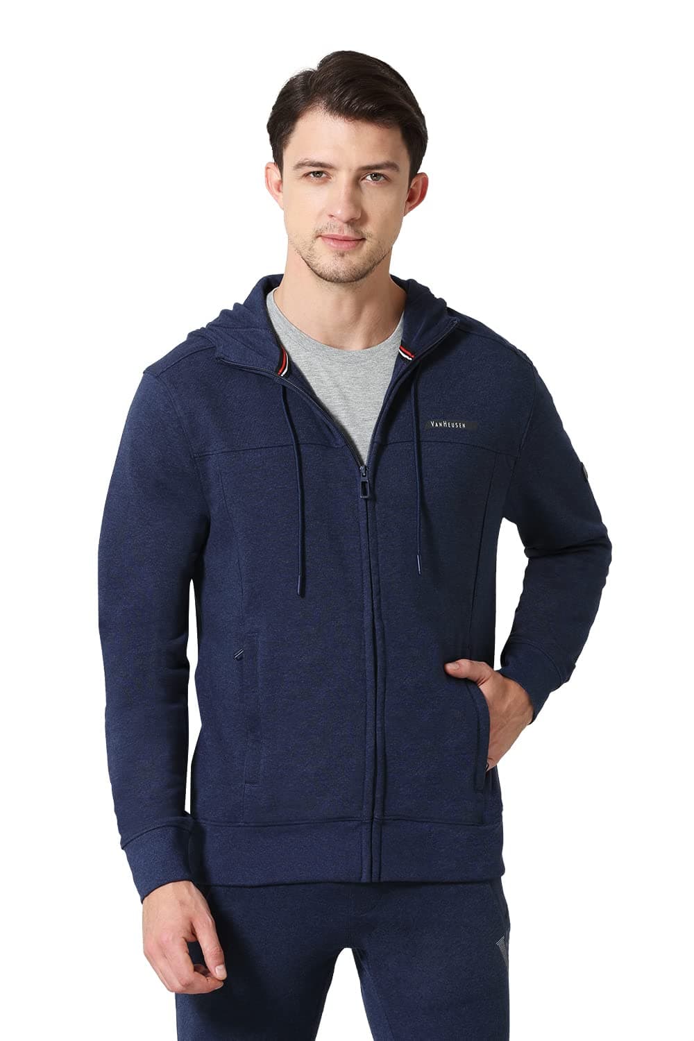 Van Heusen Men's Cotton Blend Athleisure Regular Hooded Smart Tech Hoodie - Easy Stain Release, Anti Stat, Ultra Soft_80004_Blue Melange_Medium