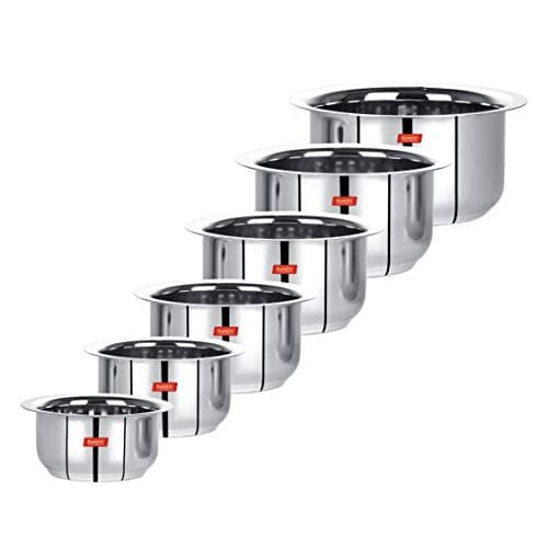 Sumeet Stainless Steel Tope/patila/cookware, 370ML, 550ML, 800ML, 1100ML,1400ML, 1800ML, 6 Piece (Steel)