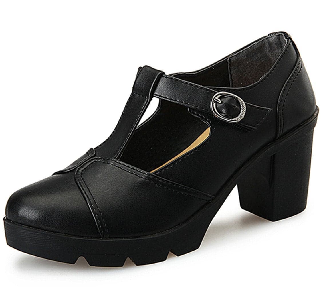 DADAWEN Womens Classic TStrap Platform MidHeel Square Toe Oxfords Dress Shoes Black US Size 75