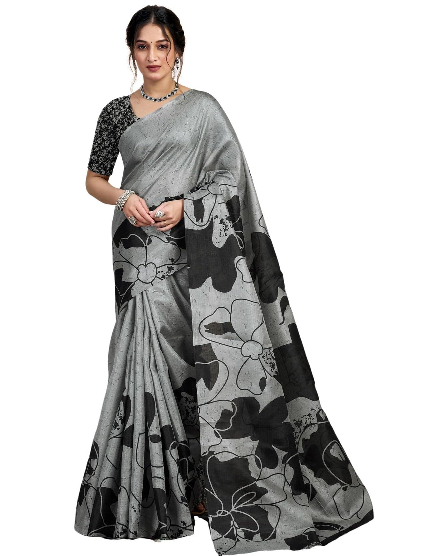 SIRIL Women's Cotton Floral Printed Saree With Unstitched Blouse Piece (4160S234_Grey & Black)