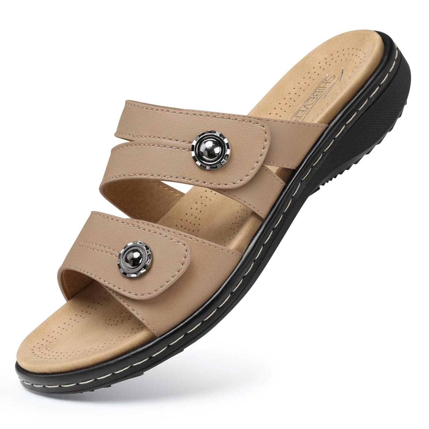 SHIBEVER Flat Sandals Women Dressy Walking Comfortable Arch Support Orthopedic Slides Sandals Apricot Summer Sandal Size 9