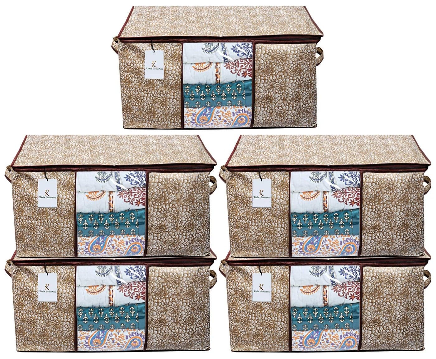 Kuber Industries Flower Design Non Woven Underbed Storage BagLarge Storage OrganiserBlanket Cover with Transparent WindowSize 65 x 47 x 34 CMPack of 4 Brown