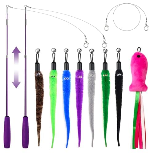 ZeyZoo Cat Toys for Indoor Cats 11PCS Interactive Cat Toy Wand Pack 2 Retractable Cat Wand 7PCS Worm Teaser Refills Plush Fish Kitten Toys Cat Feather Fishing Pole Toy for Play Chase Exercise