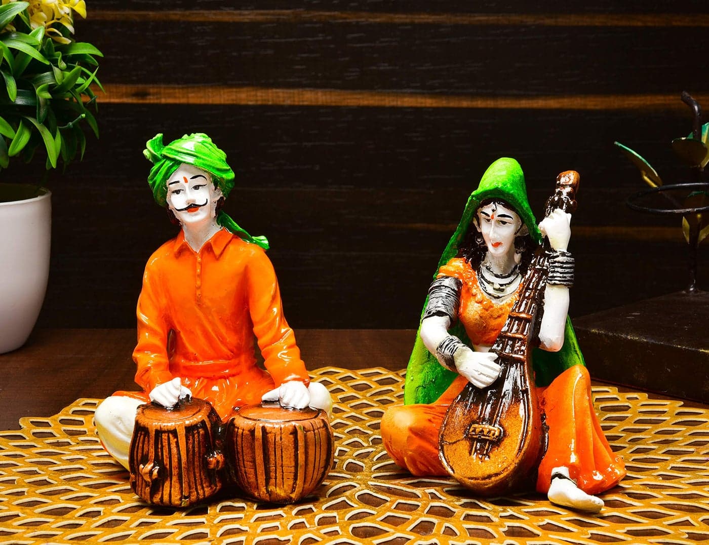 Karigaari India Handcrafted Traditions of Rajasthani Lady and Man Playing Tabla & Veena Polyresine Showpiece for Home Decor.