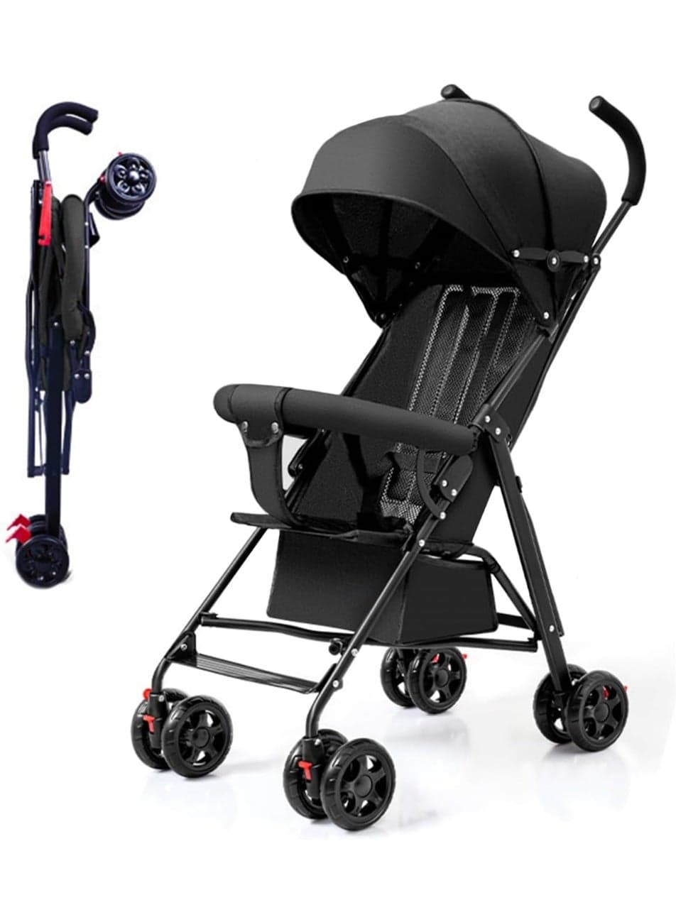Lightweight Foldable Stroller Large Storage Basket Anti-Shock & Lockable Wheels