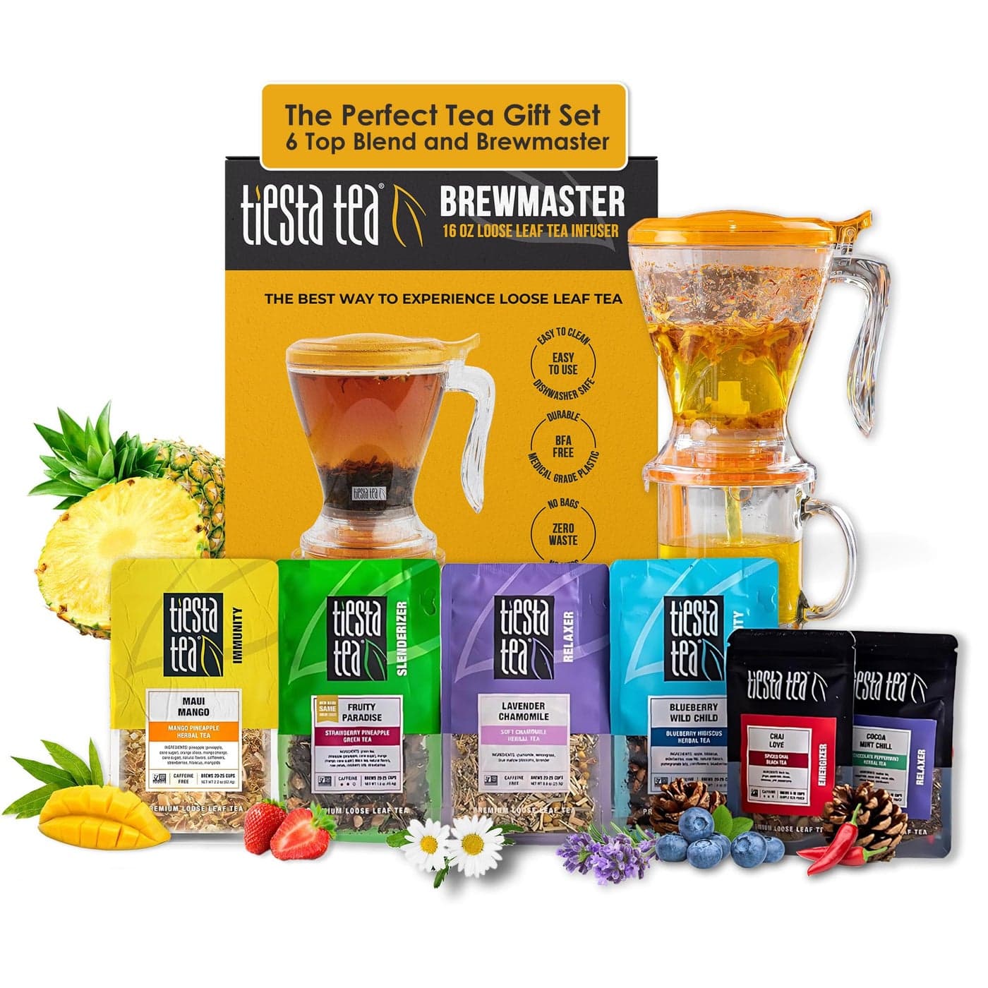 Tiesta Tea - Ultimate Live Loose Kit, Loose Leaf Tea Starter Kit, High to Non-Caffeinated Hot & Iced Tea, Starter Kit with Black, Green, Herbal Tea Sample Bags and 16oz Bottom Dispensing Tea Infuser