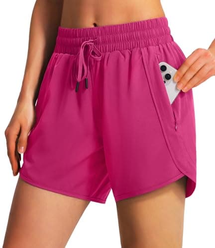 Ksmien Women's 5"/ 7" Athletic Running Shorts Quick Dry Lightweight Workout Gym Shorts with Zipper Pockets UPF 50+ Rose XL