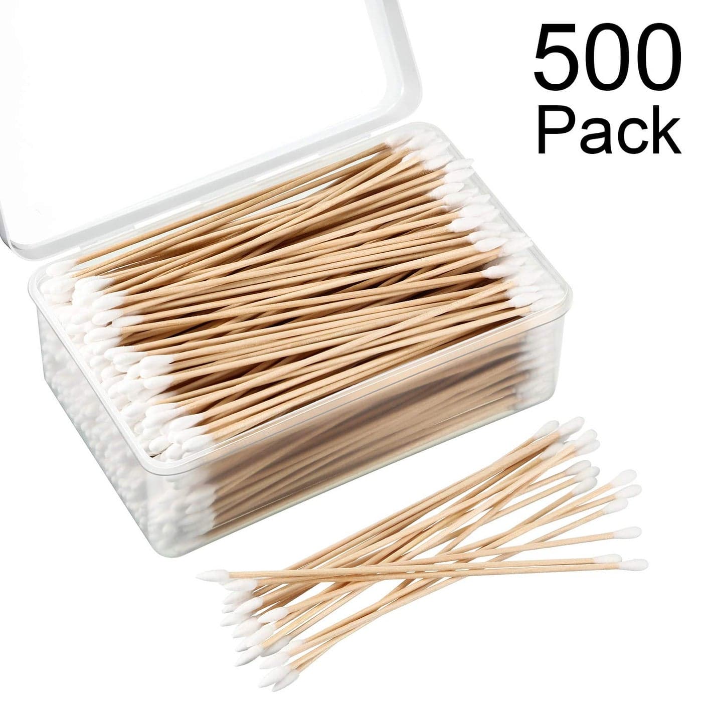 Norme 6 Inch Cotton Swabs in Storage Box 500 Pcs Long Qtips Pointed and Round Tip with Wooden Handle Cleaning Swabs Buds for Makeup Gun Cleaning Pet Care