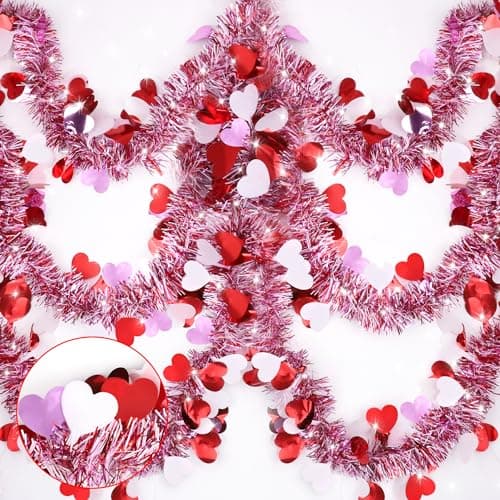 50 Ft Valentines Heart Tinsel Garland Decorations, Valentines Day Red Pink White Metallic Garland Valentine's Day Decorations for Home Indoor Outdoor Wedding Hanging Valentines Day Decor