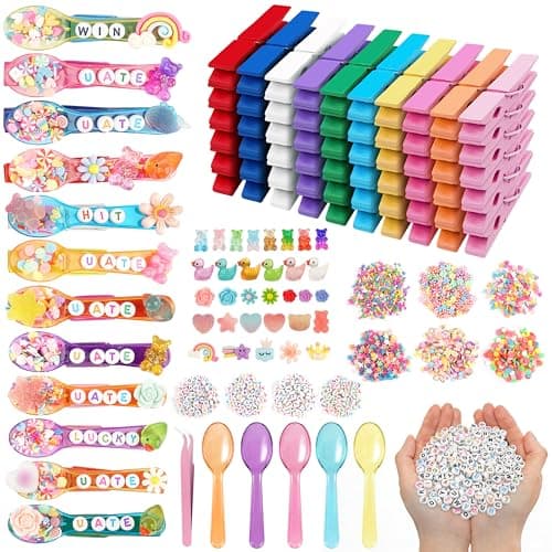 Fayoo 50 Pack DIY Cheer Pin Kit - 50 pcs Wooden Clothes Pins, U ATE Beads, Cheer Spoons and Charms for Pep Rally Cheerleader Gifts Team Spirit Gifts for Sports, Volleyball (Bright Color)