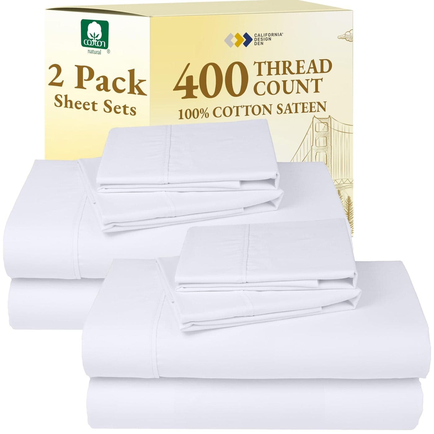 California Design Den 2Pack Full Size Sheet Sets 400 Thread Count 100 Cotton Sateen Soft and Breathable Sheets 2 Sets of Deep Pocket Bed Sheets Bright White