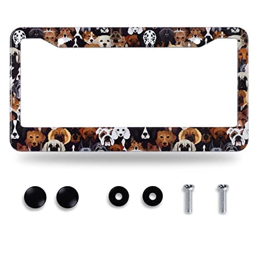 Dog License Plate Frame Cute Different Breeds Dogs Animal License Plate Holder Stainless Steel Auto Parts Colorful License Plate Decoration with Screws Size 123 x 63 for Men Women