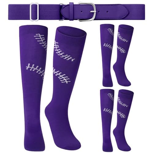 Suhine Baseball or Softball Sock and Belt Combo Set 3 Pairs of Football Baseball Socks with Belt for Youth Adult Girl Boy(Purple,M)
