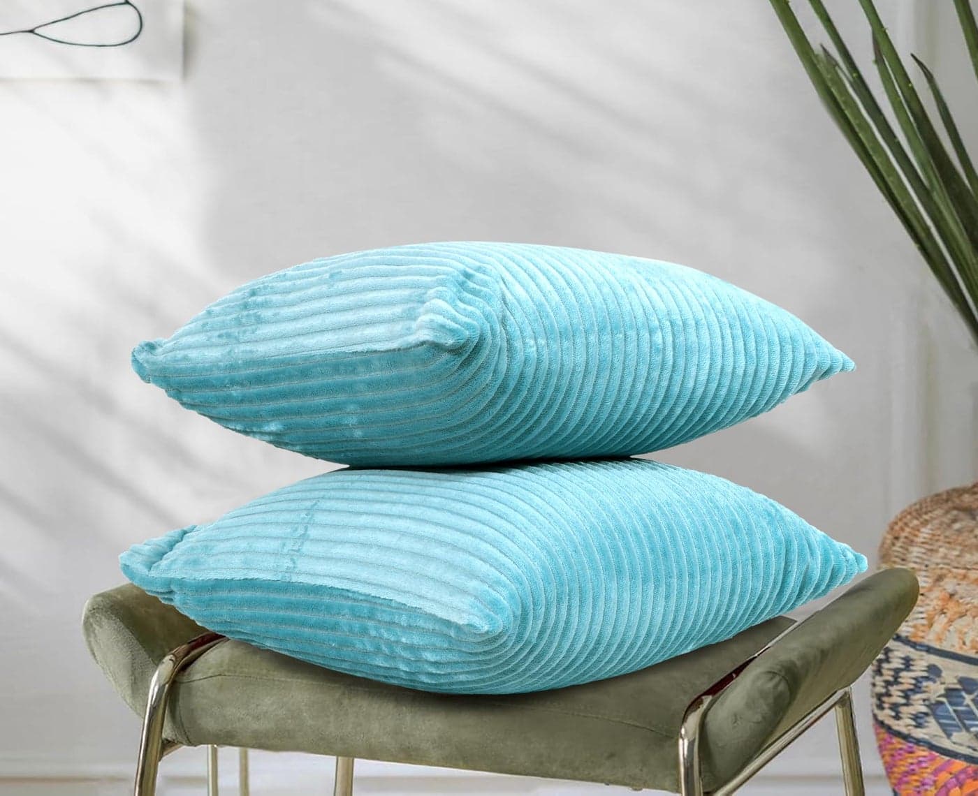 RD TREND® Cushion Cover Set of 2, Decorative Sofa Living Room Home Square Cushion Covers 16 Inch x 16 Inch, Aesthetic Corduroy Striped Double Sided (Aqua)
