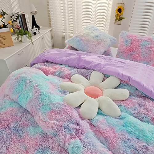 SUCSES Purple Plush Shaggy Duvet Cover Set Full Size, Tie Dye Rainbow Faux Fur Bedding Set for Teens Girls, Fluffy Furry Velvet Comforter Cover with Zipper Closure (Purple Ombre, Full)