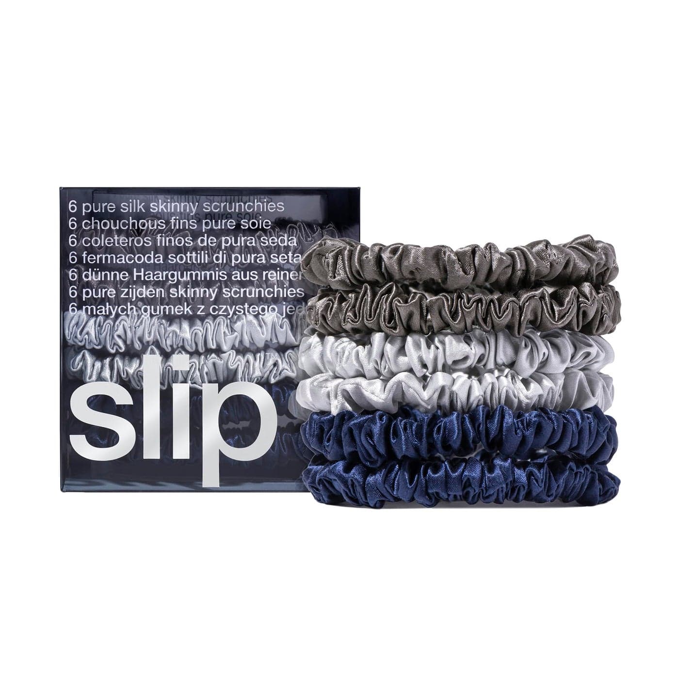 Slip Silk Skinnie Scrunchies Midnight Collection (Charcoal, Navy, Silver) - Elastic Scrunchies Set (6 Scrunchies)