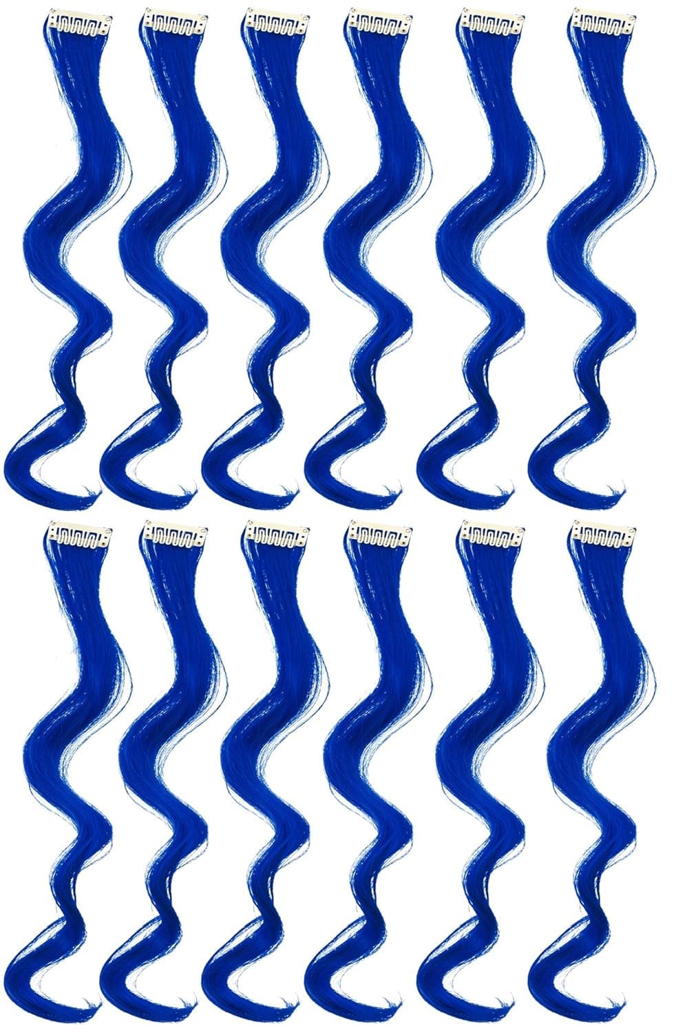 SWACC 12 Pcs Curly Wavy One Color Party Highlights Clip on in Hair Extensions Colored Hair Streak Synthetic Hairpieces Blue