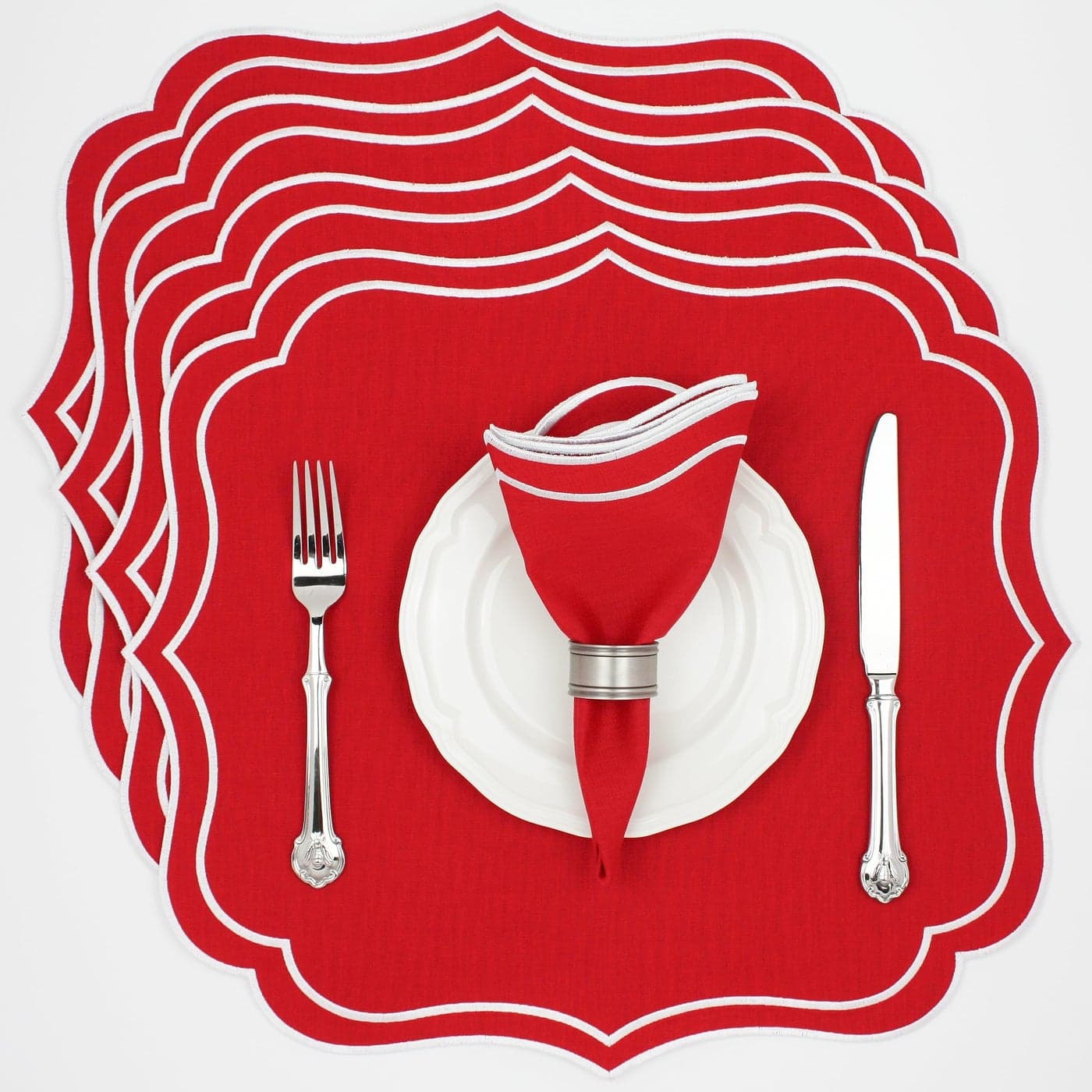 Bryonia Cotton Linen Placemats Set of 4 Double Layered Machine Washable Wrinkle Resistance Scalloped Embroidered Cloth Table Mats Independence Day Mat 19 x 17 inch Red