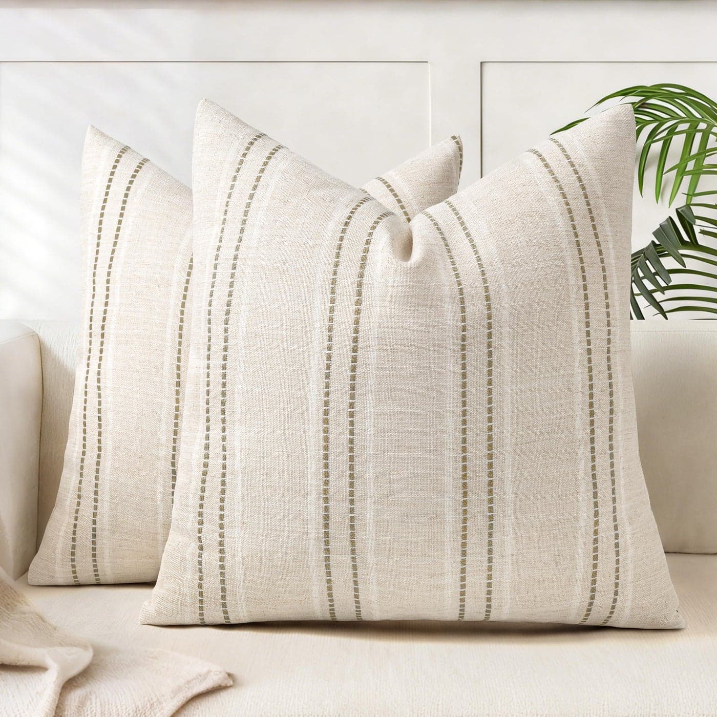 AELS 20x20 Decorative Farmhouse Linen Blend Throw Pillow Covers Boho Textured Pillow Case Set of 2 Beige with White Brown Stitch Yarn Dyed Stripe Cushion Cover for Sofa Living Room Cover O