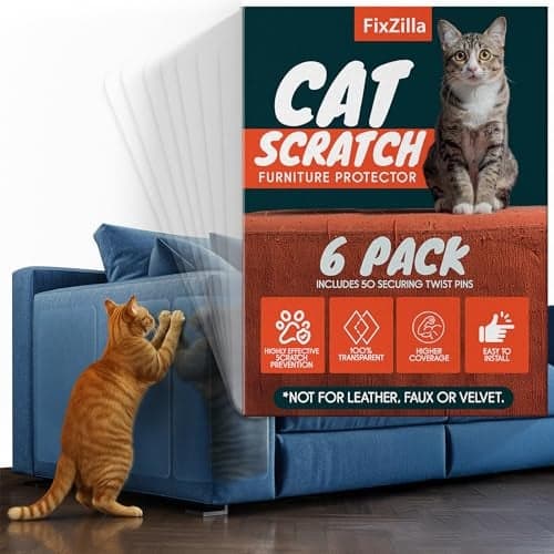 FixZilla Anti Cat Scratch Furniture Protector, 6-Pack Couch Protector from Cat Claws – Heavy-Duty, Easy-to-Apply Scratching Deterrent and Shield for Sofa Corners, Walls, and Doors- with 52 Twist Pins