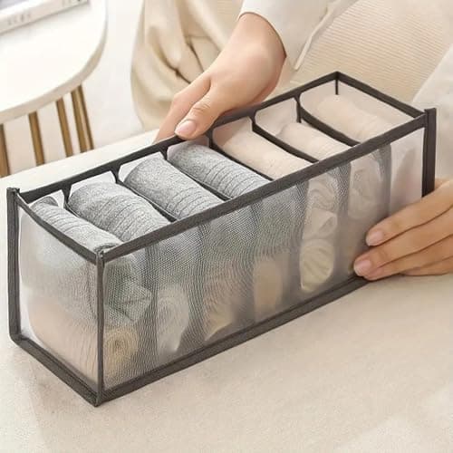 atorakushon Socks Organizer 1 Pack, Undergarments Drawer Organizer, Divider, Cabinet Closet Organizers and Storage, Mesh Foldable Compartment Boxes for Storing Socks, Underwear, Ties, Panties Grey