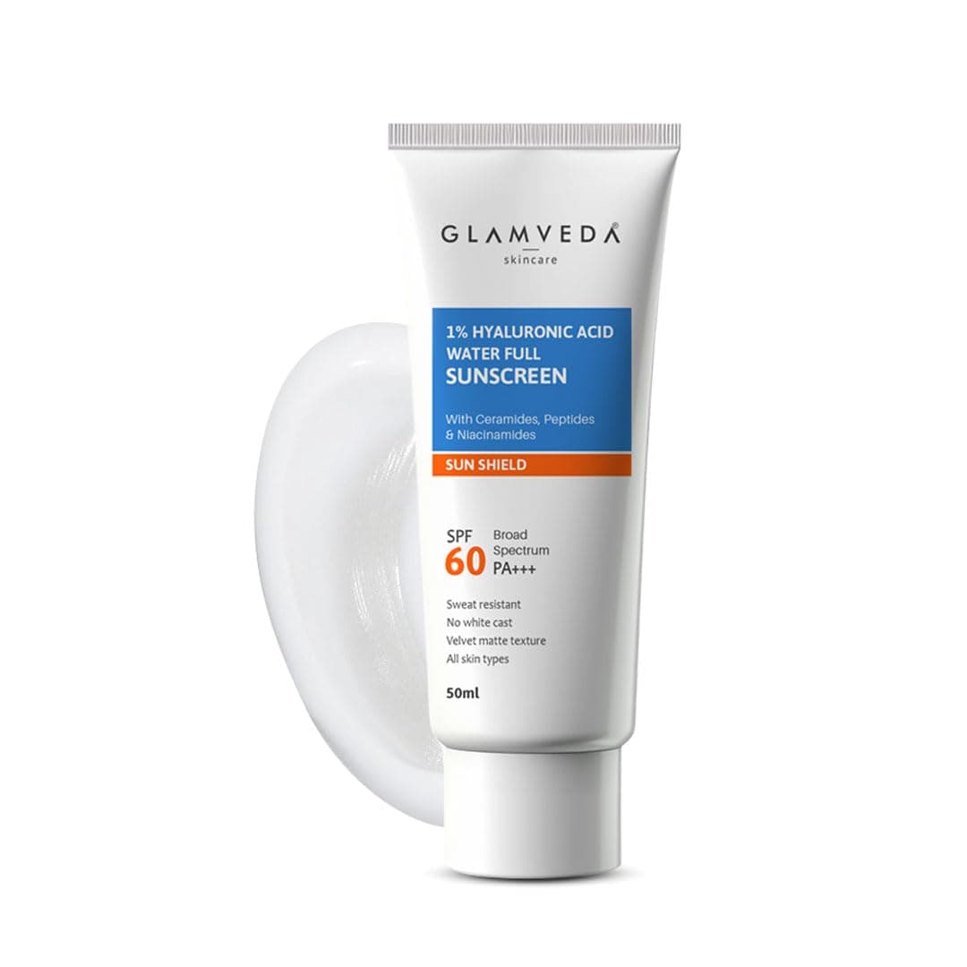Glamveda UltraLight SPF 60 PA Sunscreen 50 ml WaterFull Hydration with 1 Hyaluronic Acid Ceramides Peptides Niacinamide Broad Spectrum AntiAging No White Cast All Skin Types
