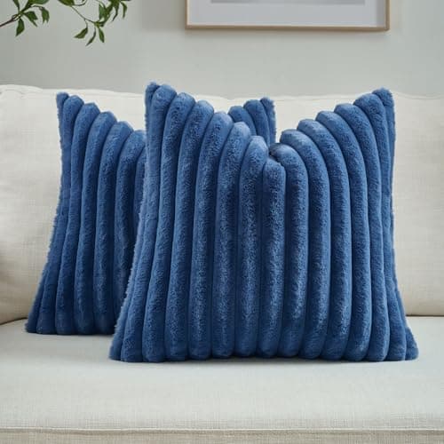 FUTEI Pack of 2 Solid Faux Fur Plush Throw Pillow Covers 22x22 Inch Soft Fluffy Striped Decorative Cushion Cases Modern Farmhouse Accent for Couch Bed Living Room, Navy Blue