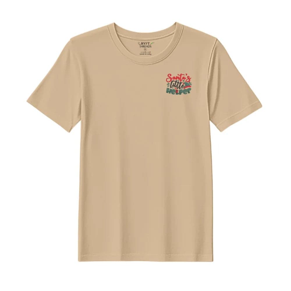 Threads Medium Beige Polycotton T-Shirt - Christmas "Santas Little Helper" Embroidered Design, Premium Holiday Collection