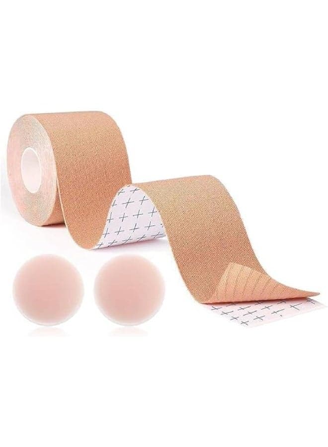 Boob Tape, Breast Lift Tape, Body Tape for Breast Lift with 2 Pcs Silicone Breast Reusable Adhesive Bra, Bob Tape for Large Breasts A-G Cup, Works with Sticky Bra Backless Bra or Strapless Bra